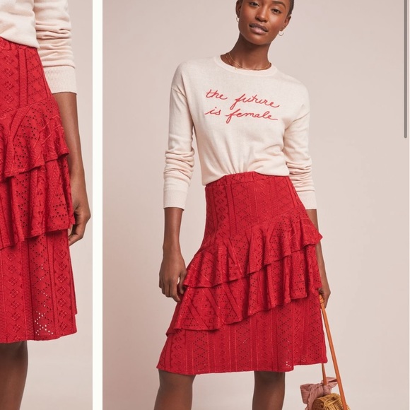 Anthropologie NWT Soigne Eyelet Red Skirt Size M. - Picture 2 of 9
